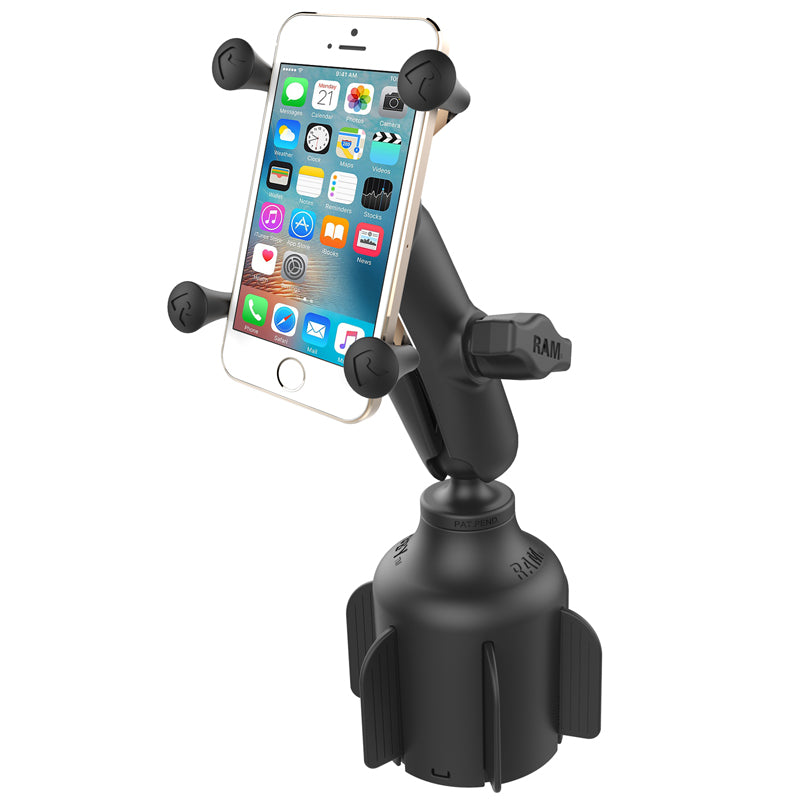 RAM Stubby Cup Holder Mount with 1" Ball & X-Grip Phone Holder – Universal Vehicle Cup Phone Mount
