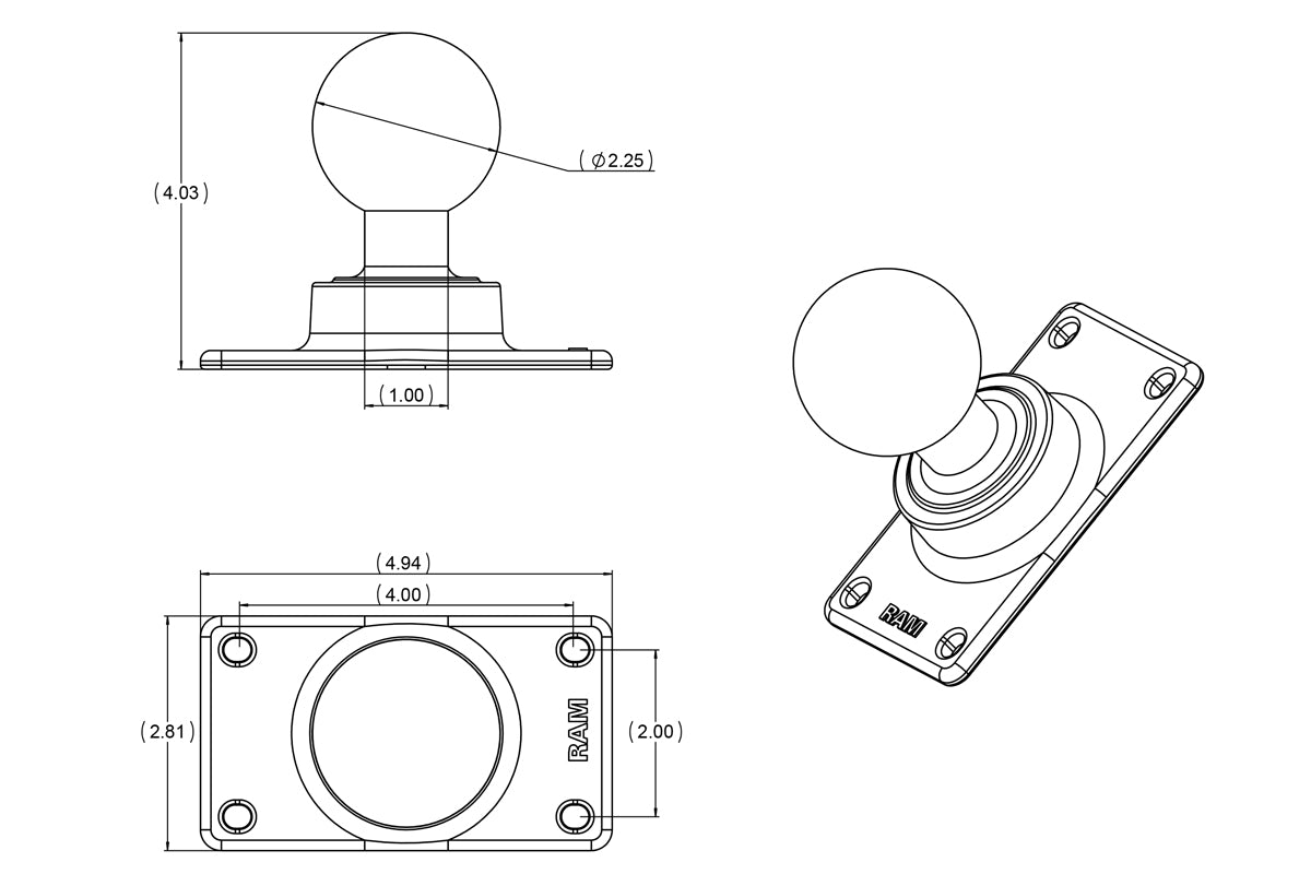 RAM Mount 50x100mm Half VESA Plate with 2.25" Ball