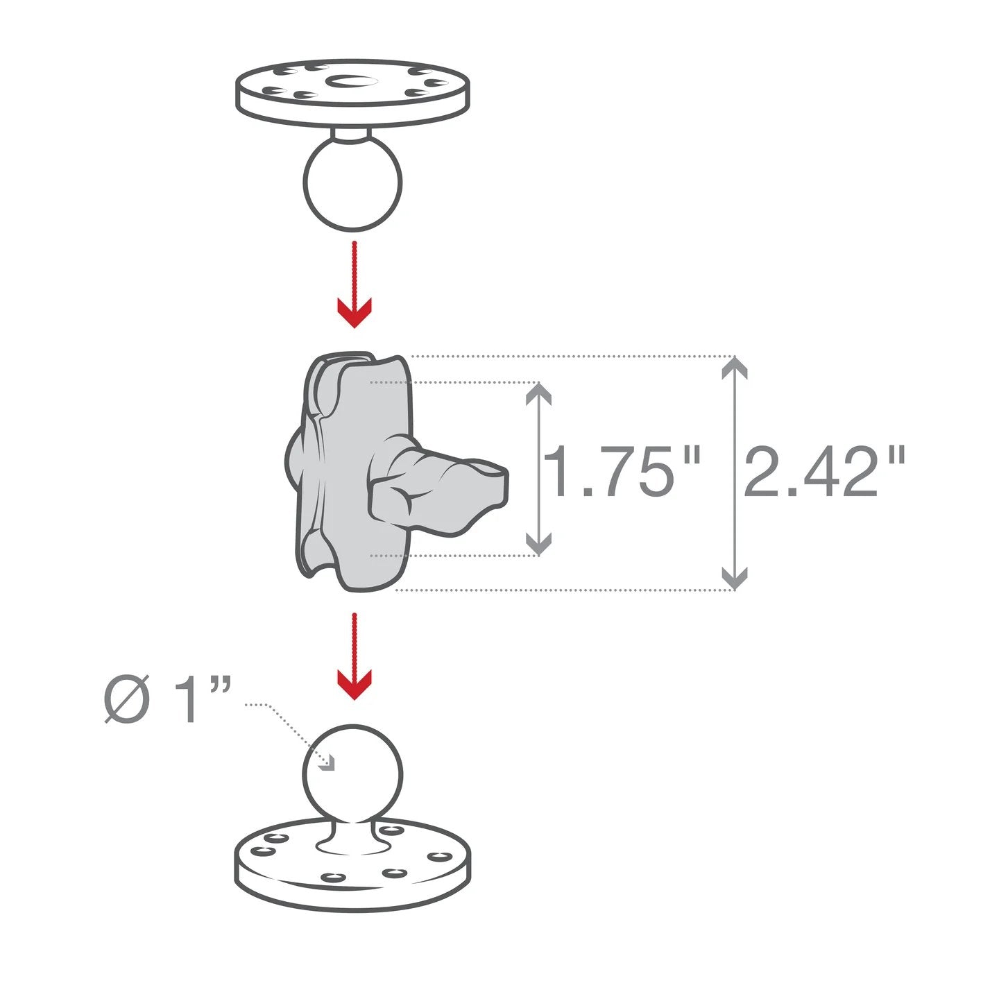 RAM-B-201U-A short arm showing dimensions