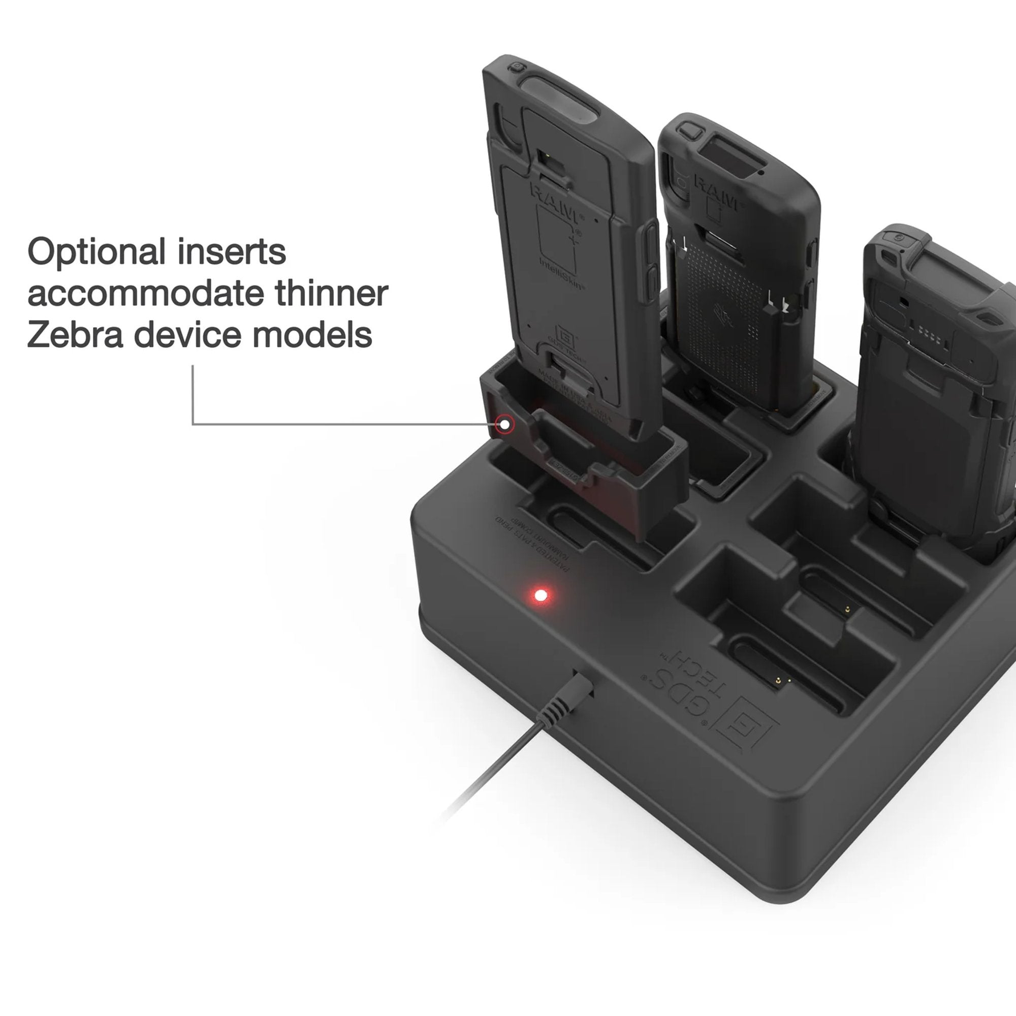 Enterprise charging dock with removable cradle inserts for thinner Zebra handheld device models