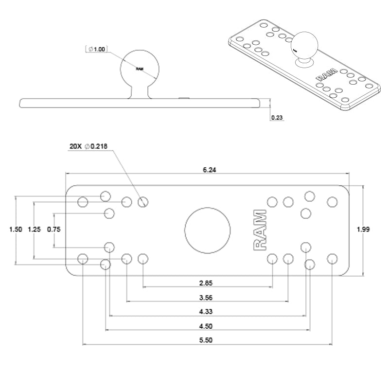 Technical drawing of Universal Electronics Mounting plate's hole patterns.