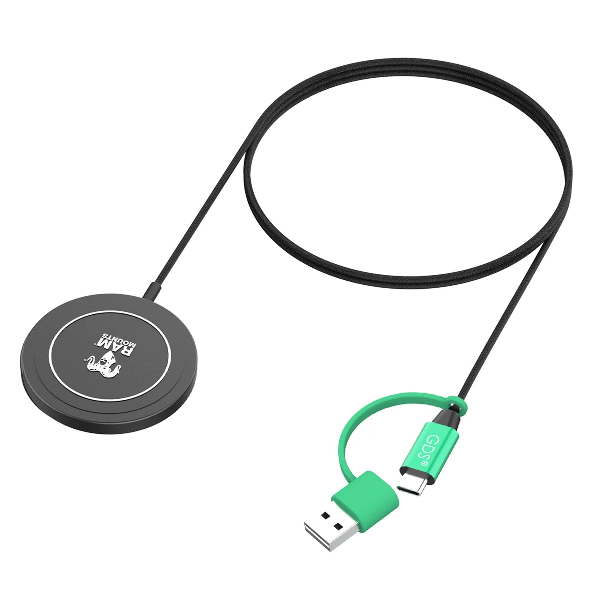 RAM Mounts wireless charger with USB-A to USB-C cable, square product image