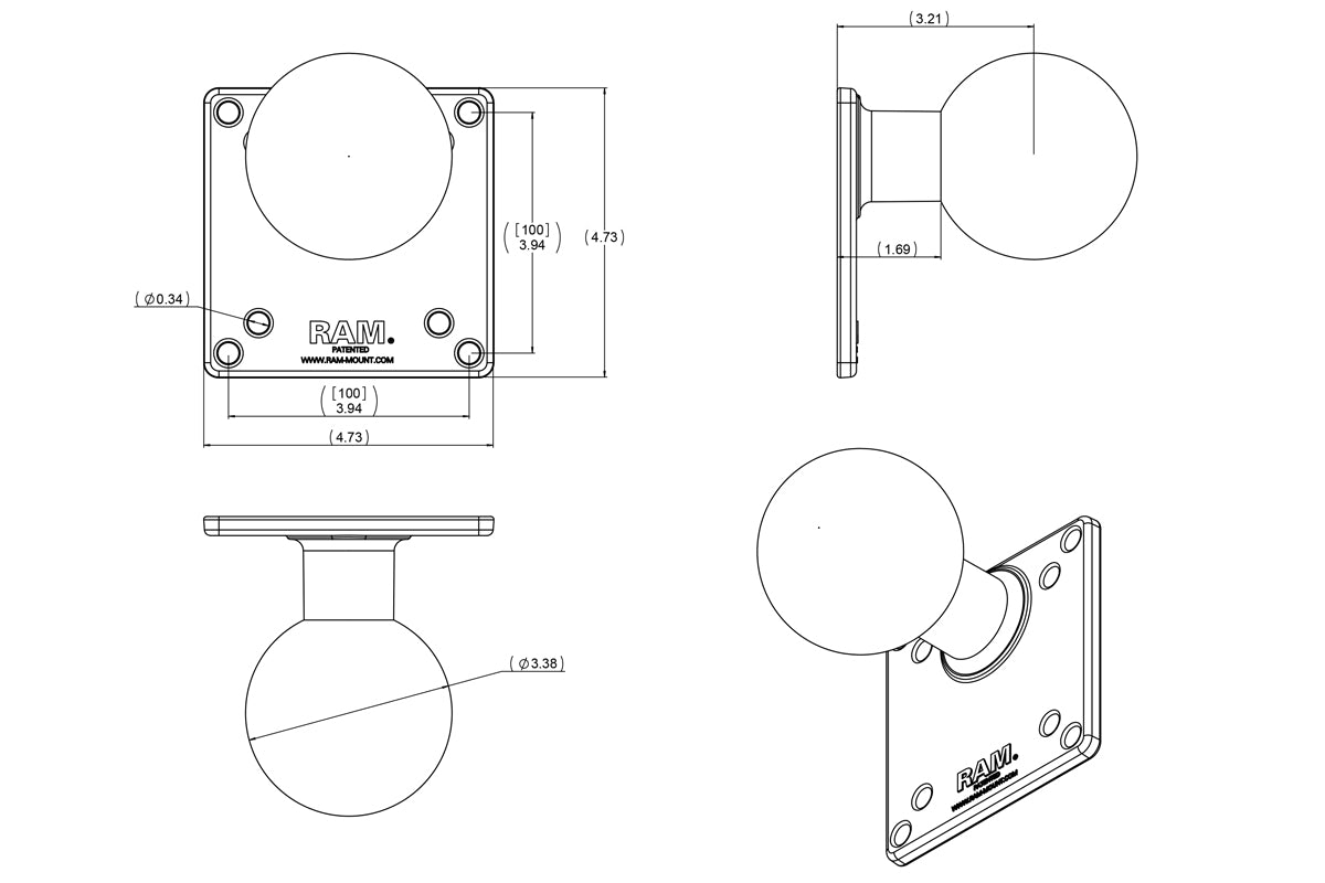 RAM 4.75" Square VESA Base with 3.38" Ball, 4 x 100mm and 4 x 75mm Hole Pattern