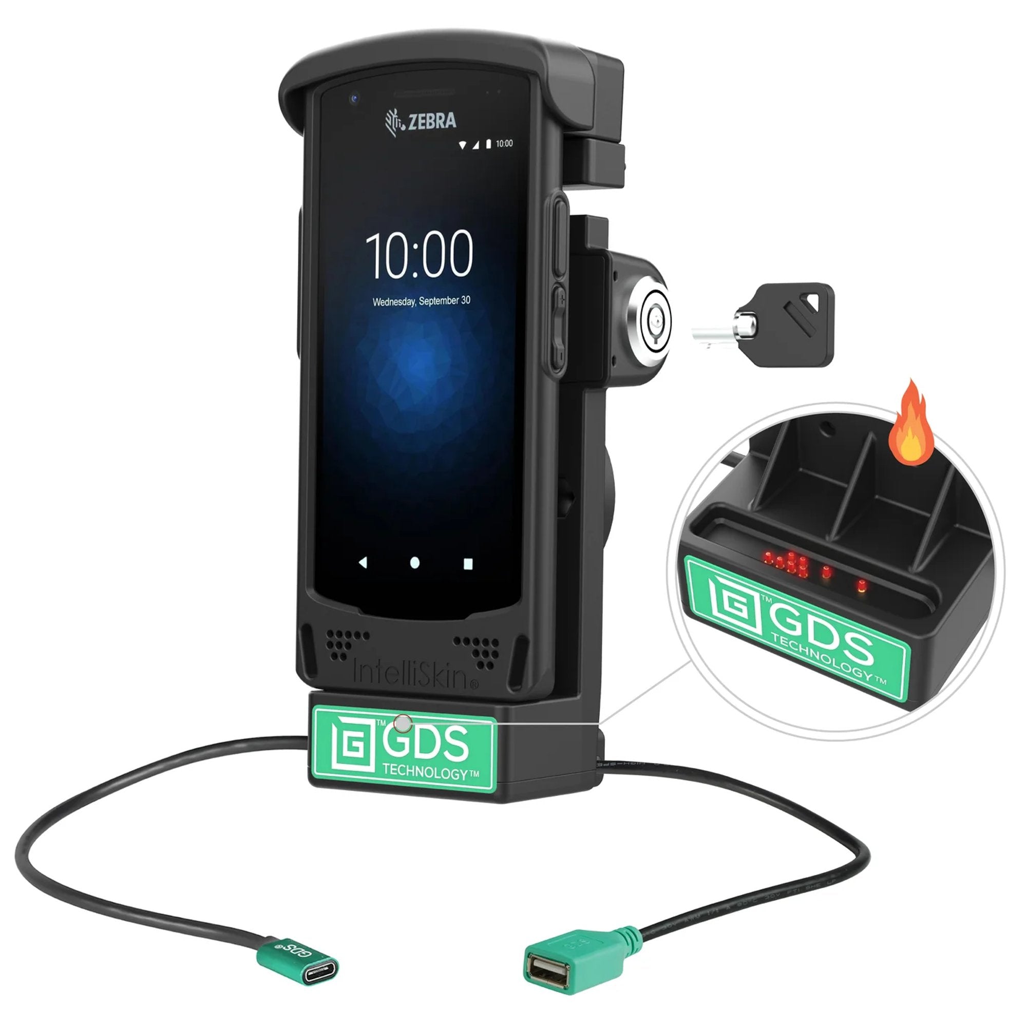 Locking powered vehicle dock for Zebra handheld computer with GDS Technology pogo pins