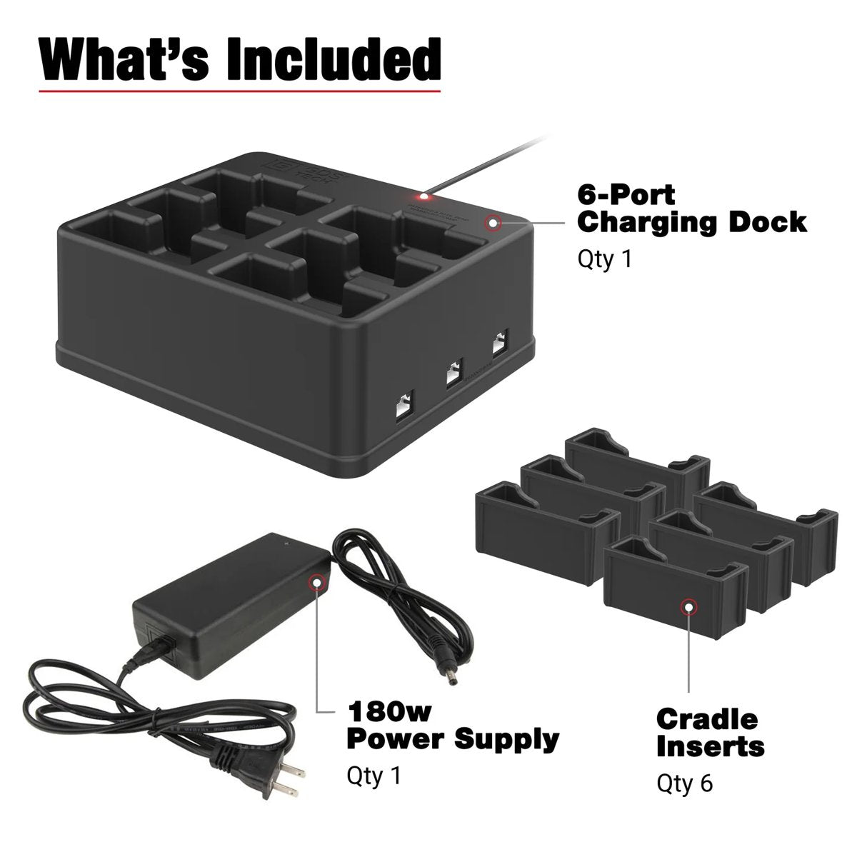 Six-port charging dock kit with power supply and removable cradle inserts included