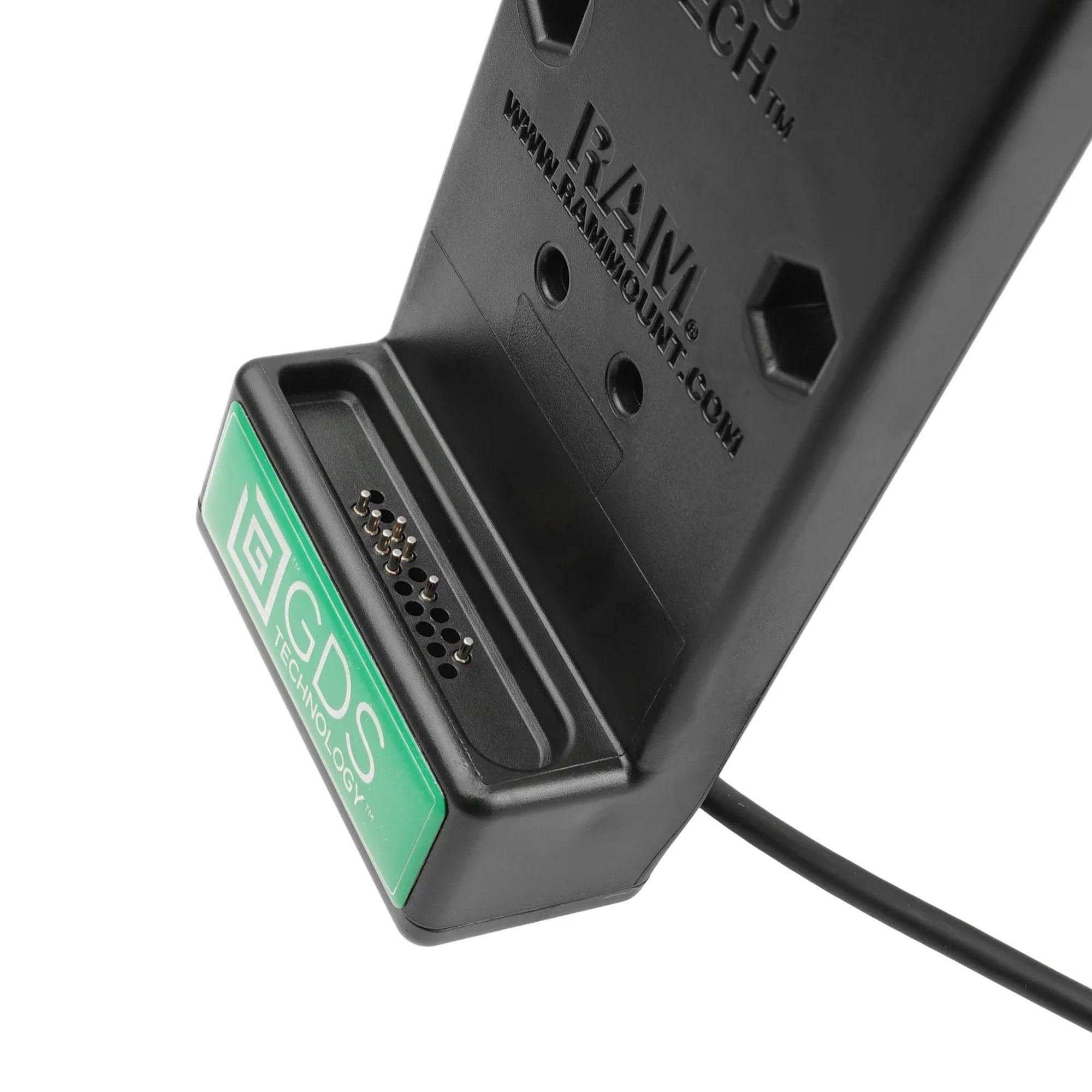 Close-up of charging dock pogo pins on a white background