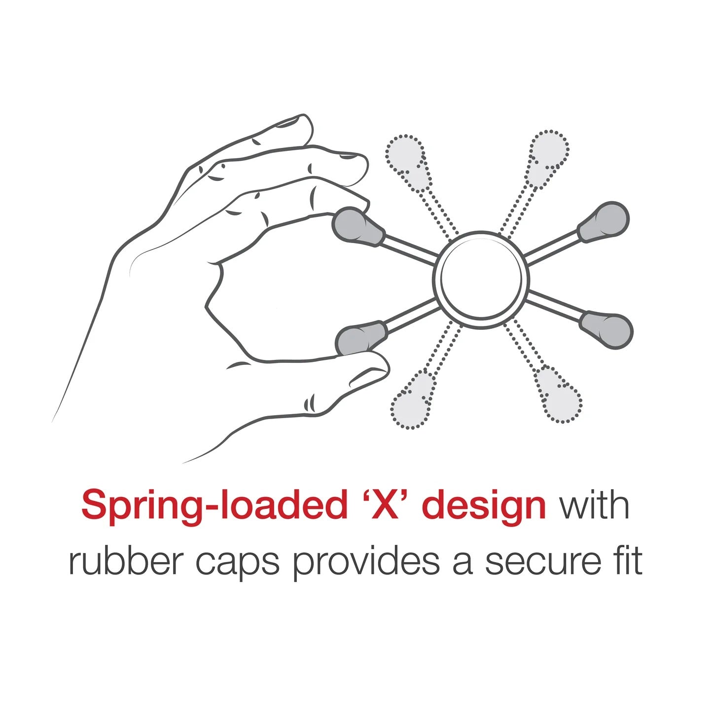 Illustration of a hand holding a X-Grip holder with text describing a spring-loaded 'X' design.