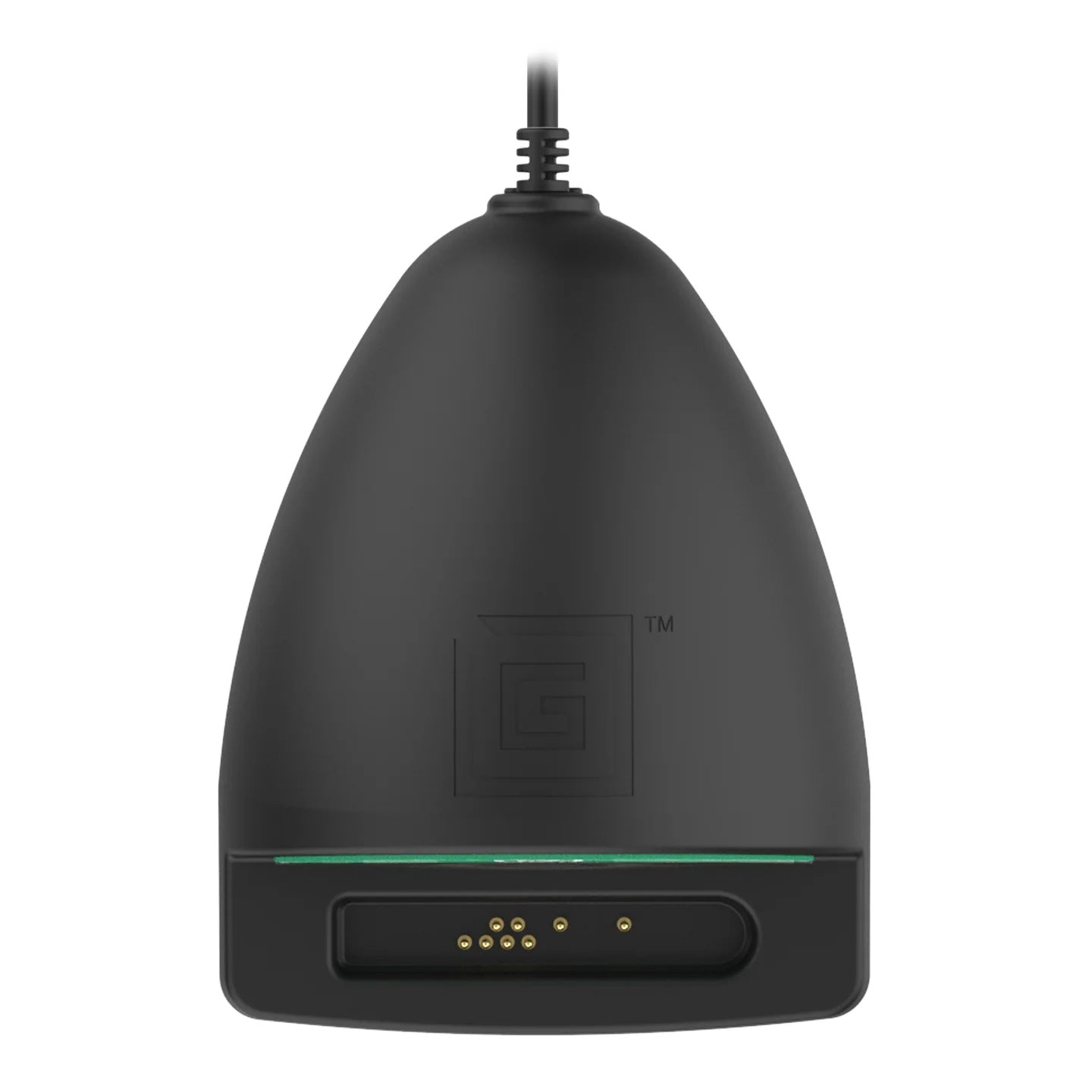 Top view of black electronic device charging dock with a cable on a white background