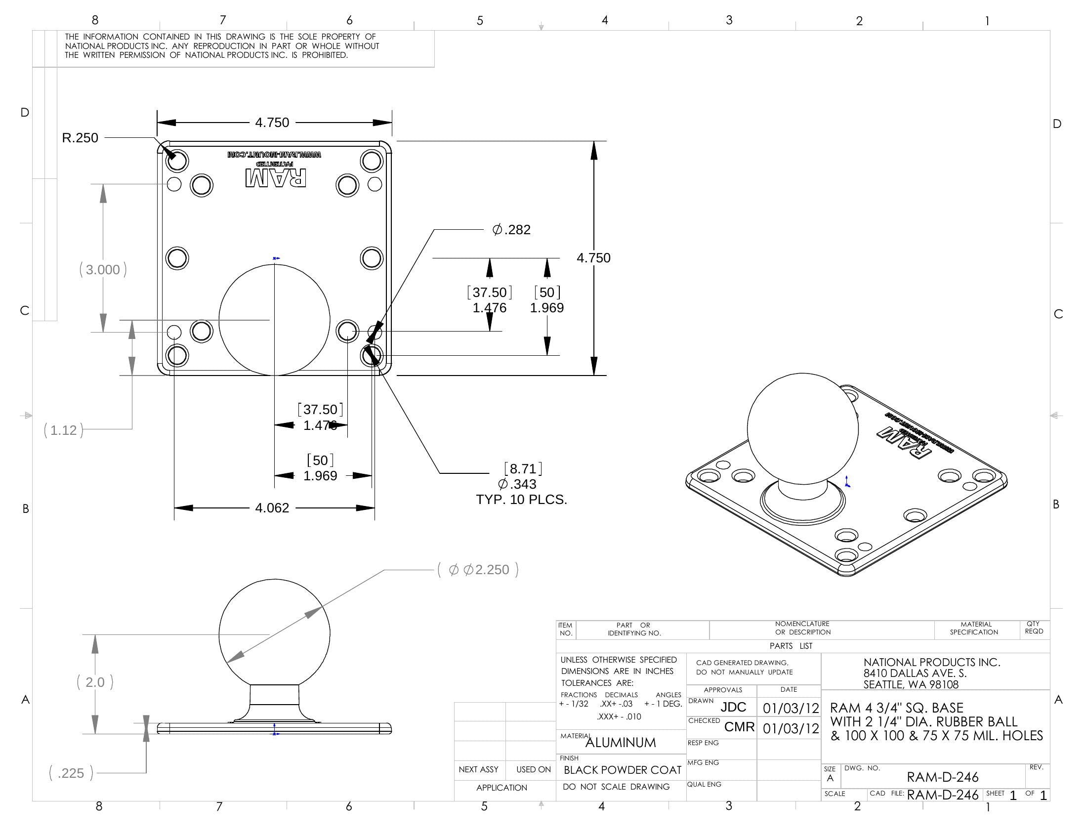 Heavy Duty RAM® D Size 100x100mm Steel Reinforced VESA Plate with 2.25" Ball