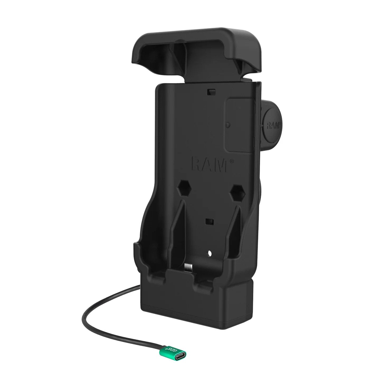 RAM rugged powered vehicle dock cradle side angle mounting view