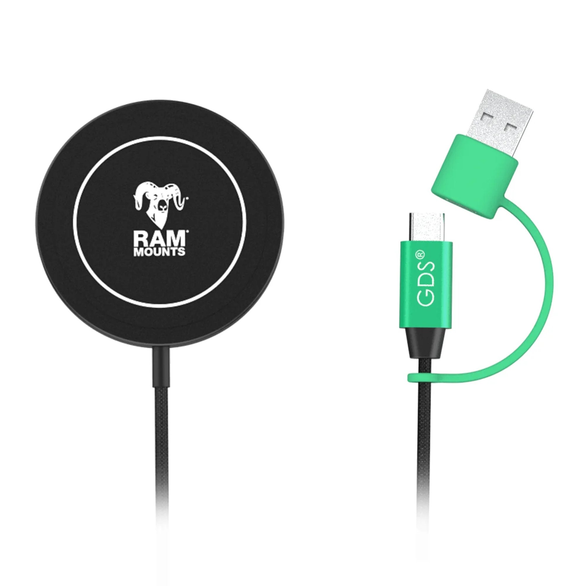 RAM Mounts wireless charging puck with integrated cable and USB connector on white background