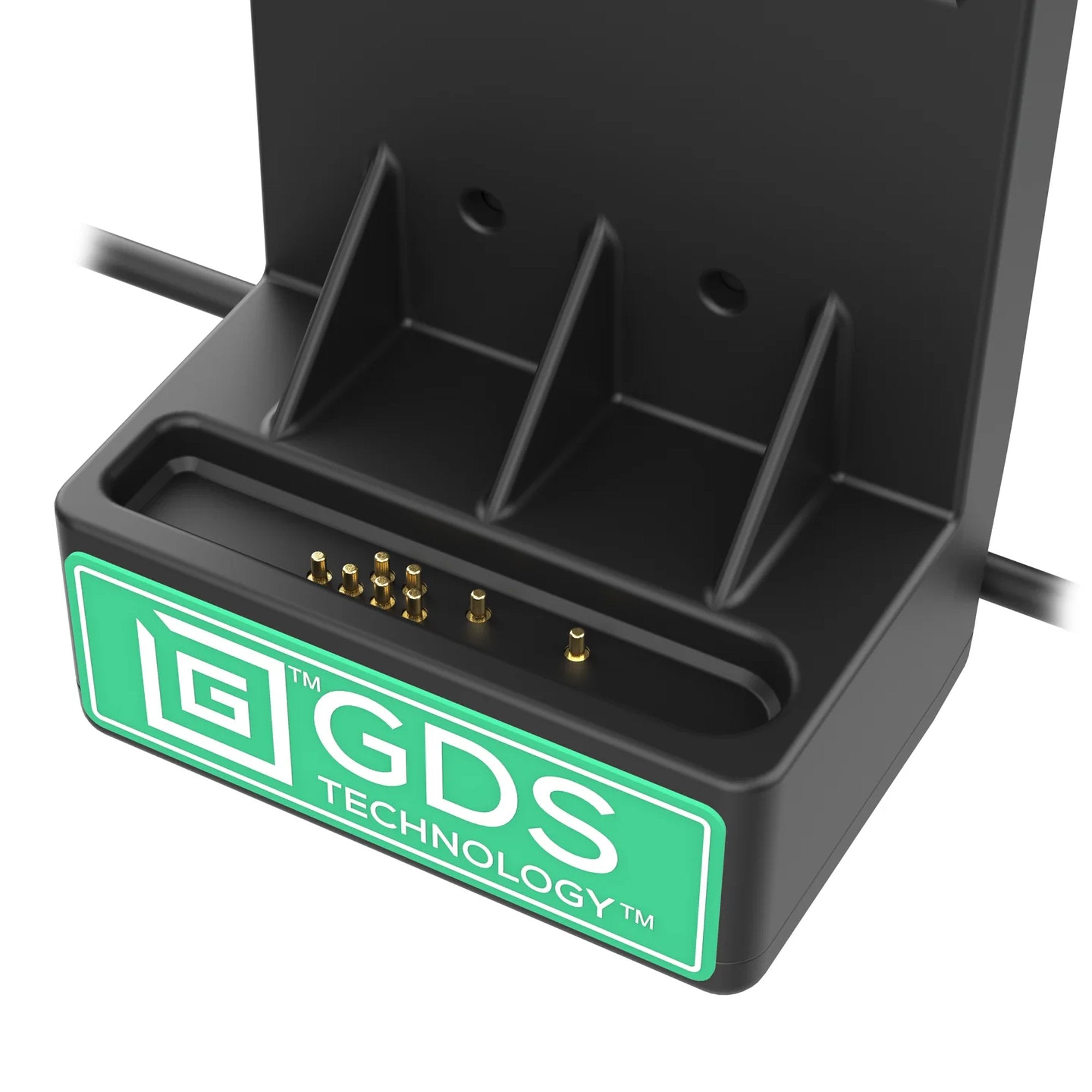 Close-up of pogo pin contacts on GDS Technology powered dock for reliable charging