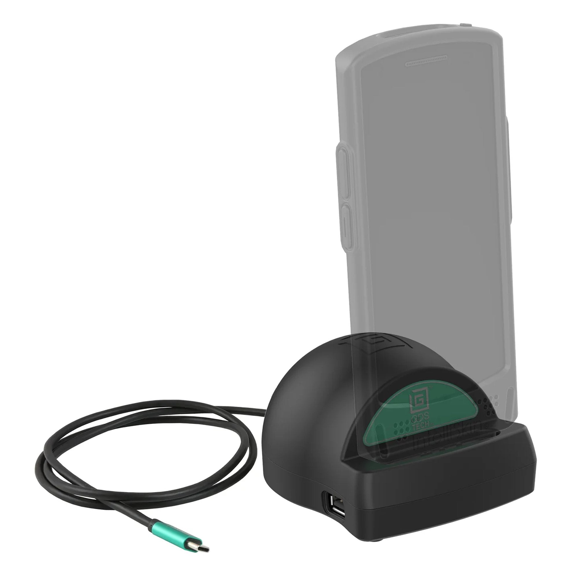 GDS Tech D7AU desktop dock with handheld device inserted for charging and data