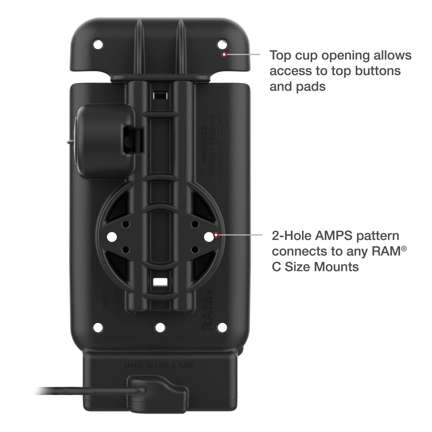 Rear view of RAM GDS vehicle dock showing AMPS mounting pattern and top button access