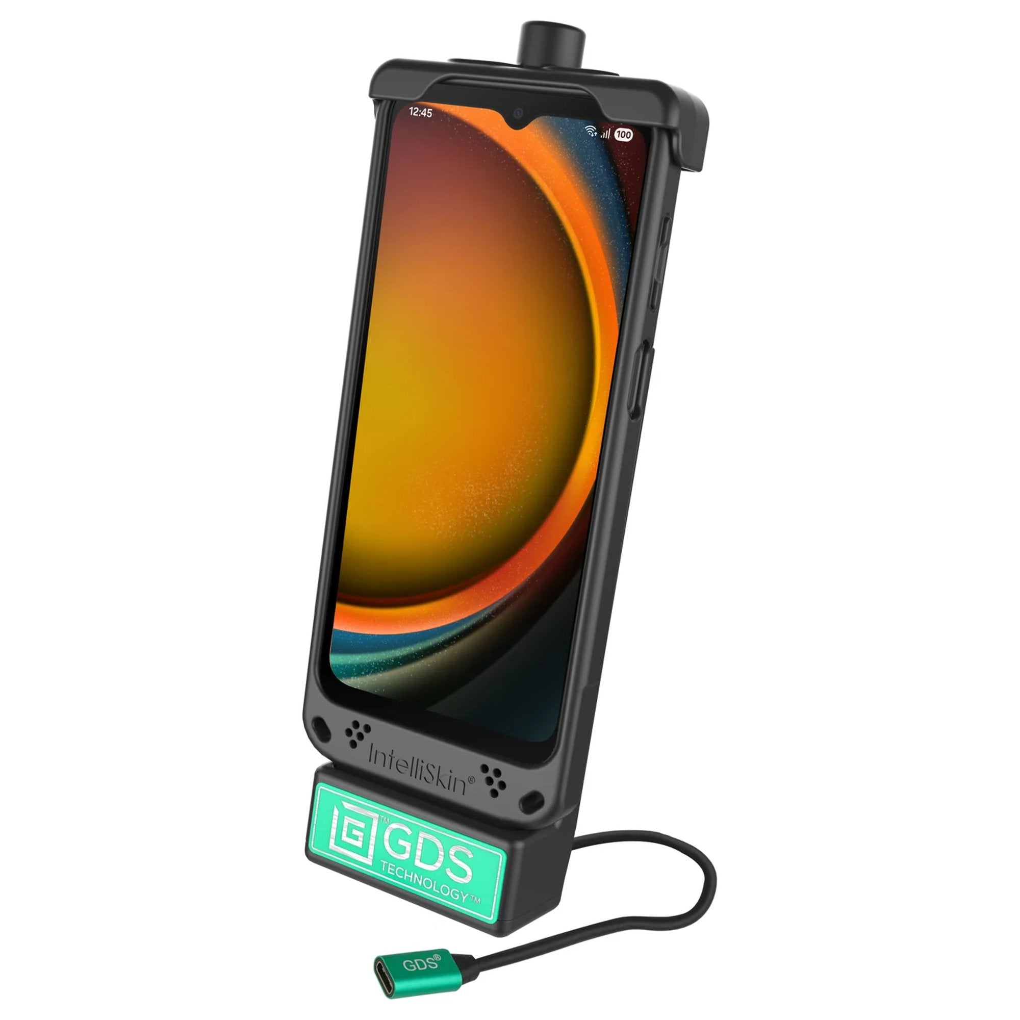 Smartphone with a black case and GDS branded dock on a white background