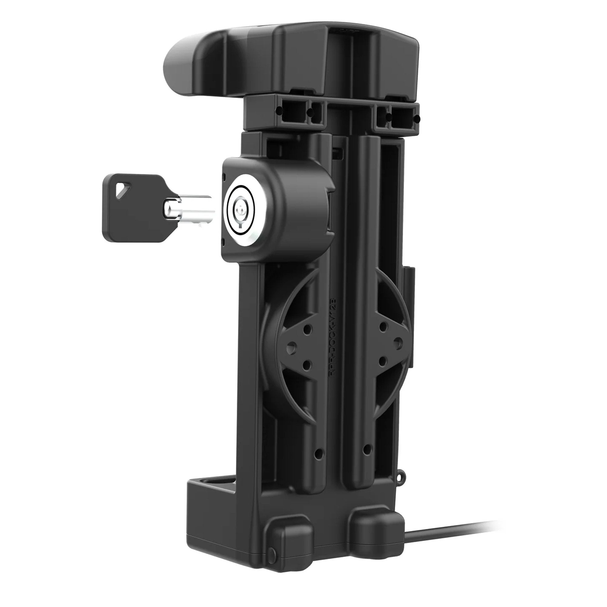 Rear view of RAM GDS locking dock showing mounting plate and key lock