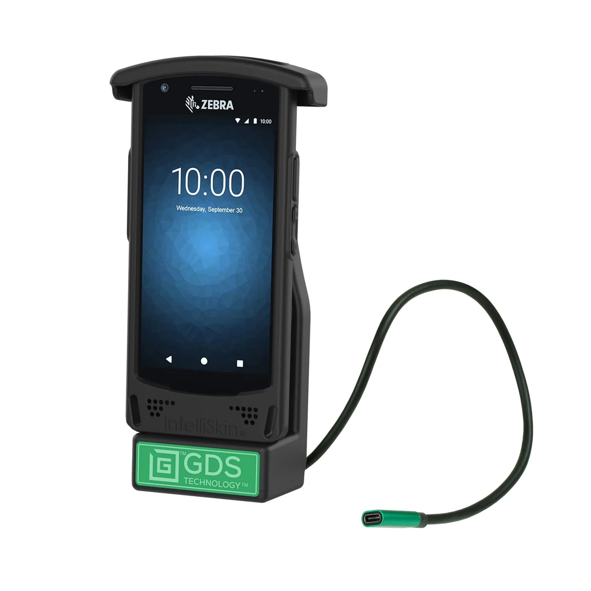 Zebra handheld charging dock with a cable on a white background