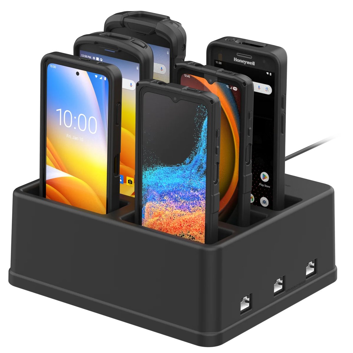 Six-slot rugged charging dock holding Zebra and Honeywell mobile computers on white background