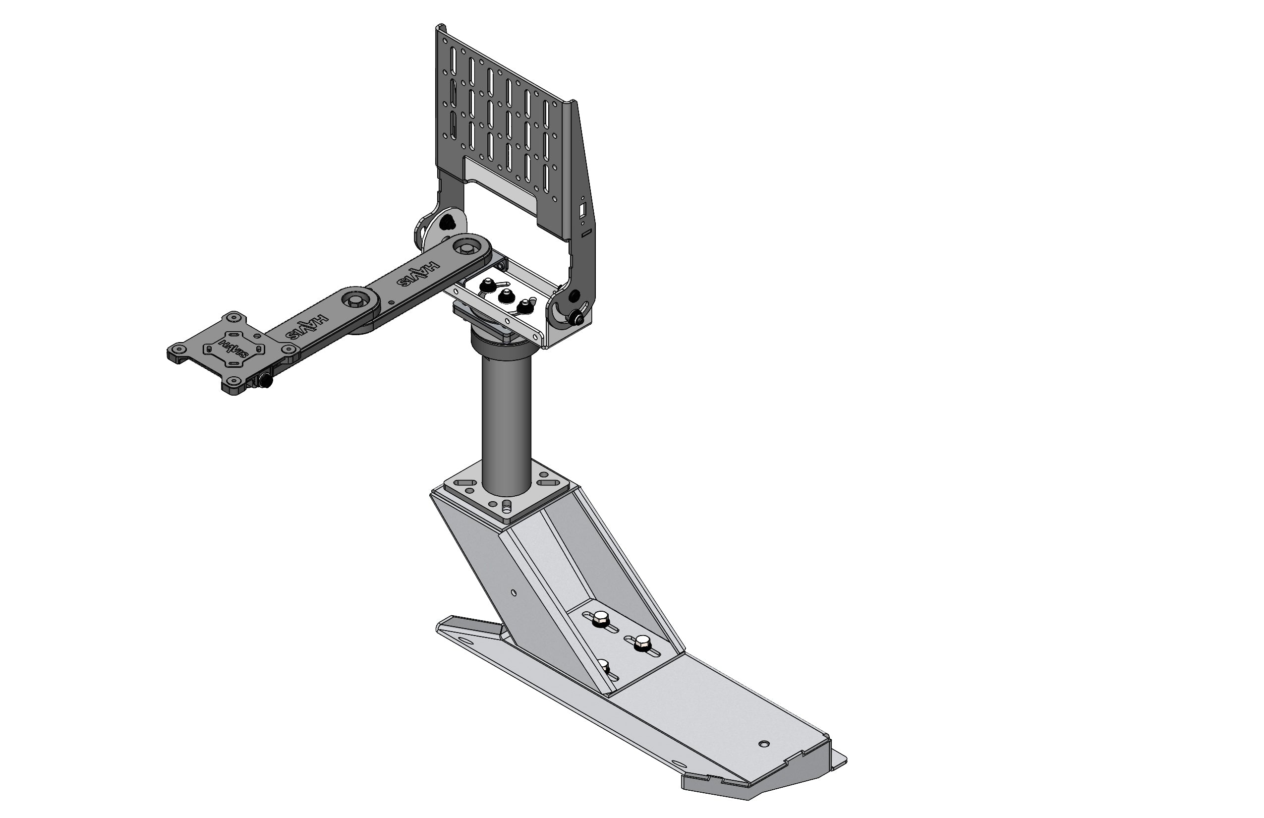 Complete Havis tablet mount package parts including pole, base, swivel arm, and monitor mount