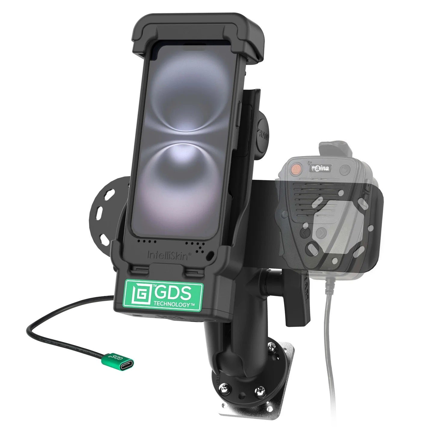 Full GDS Aina PTT Vehicle Bundle laid out showing IntelliSkin sleeve, dock, dual hardwire chargers, SAE splitter, microphone bracket, and double ball mount.