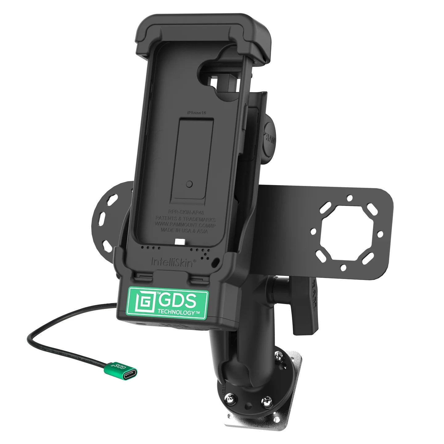 Close-up of the GDS Dock™ with pogo-pin connectors and IntelliSkin for iPhone 16