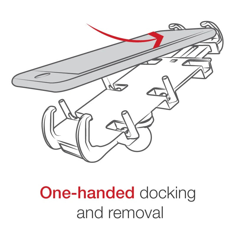 Illustration of a device being docked or removed with text 'One-handed docking and removal