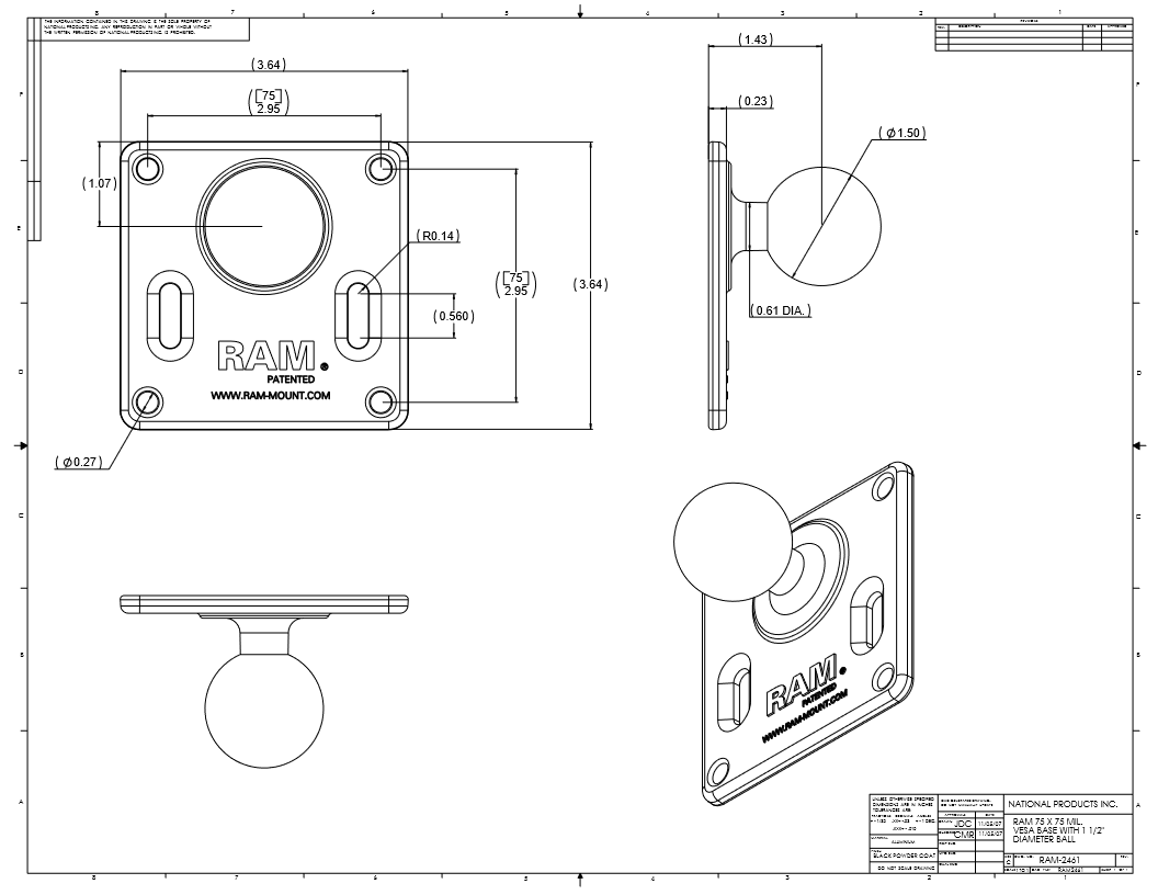 RAM Triple Twist-Lock Suction Cup Mount with 75x75mm VESA Plate