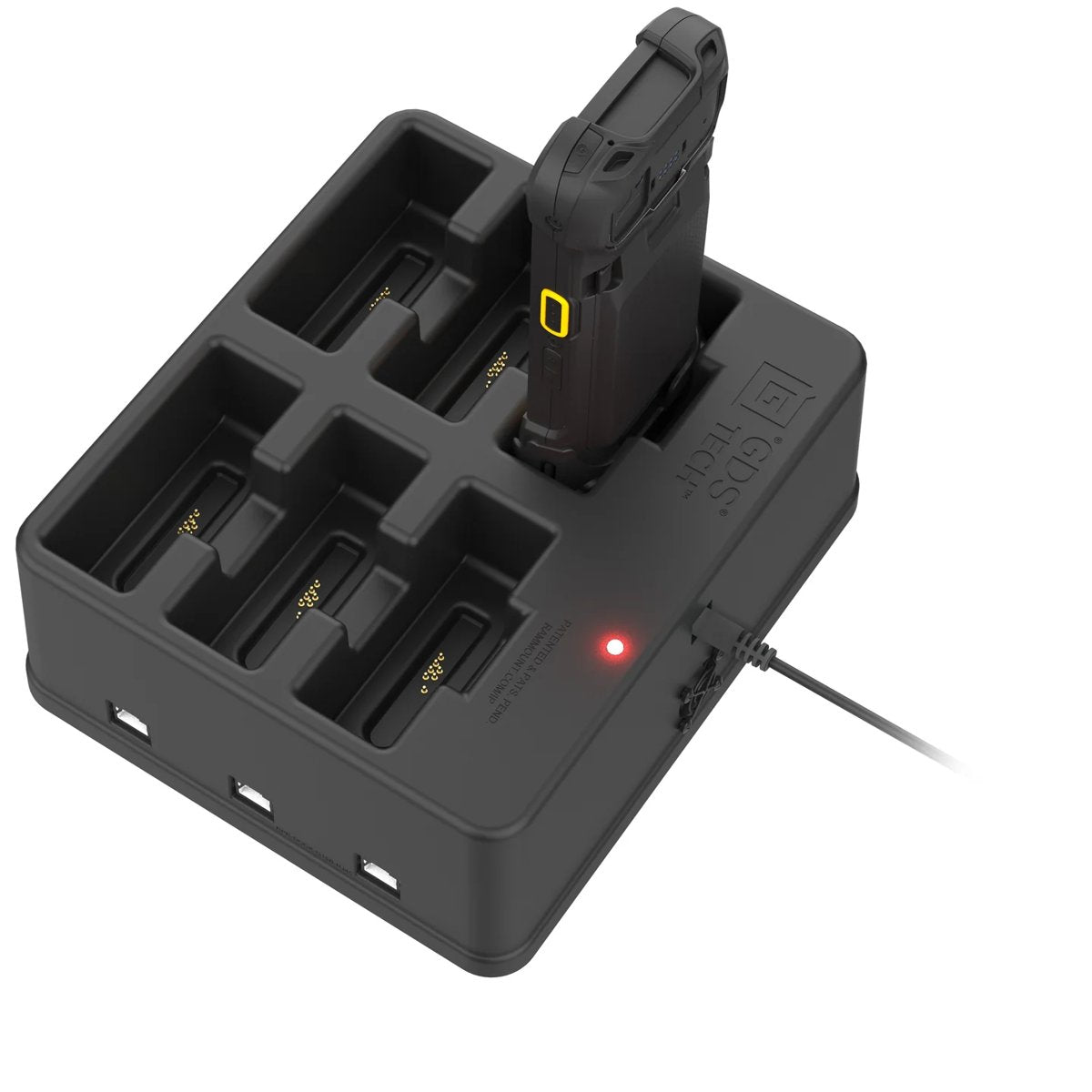 Single rugged handheld computer seated in six-slot charging dock