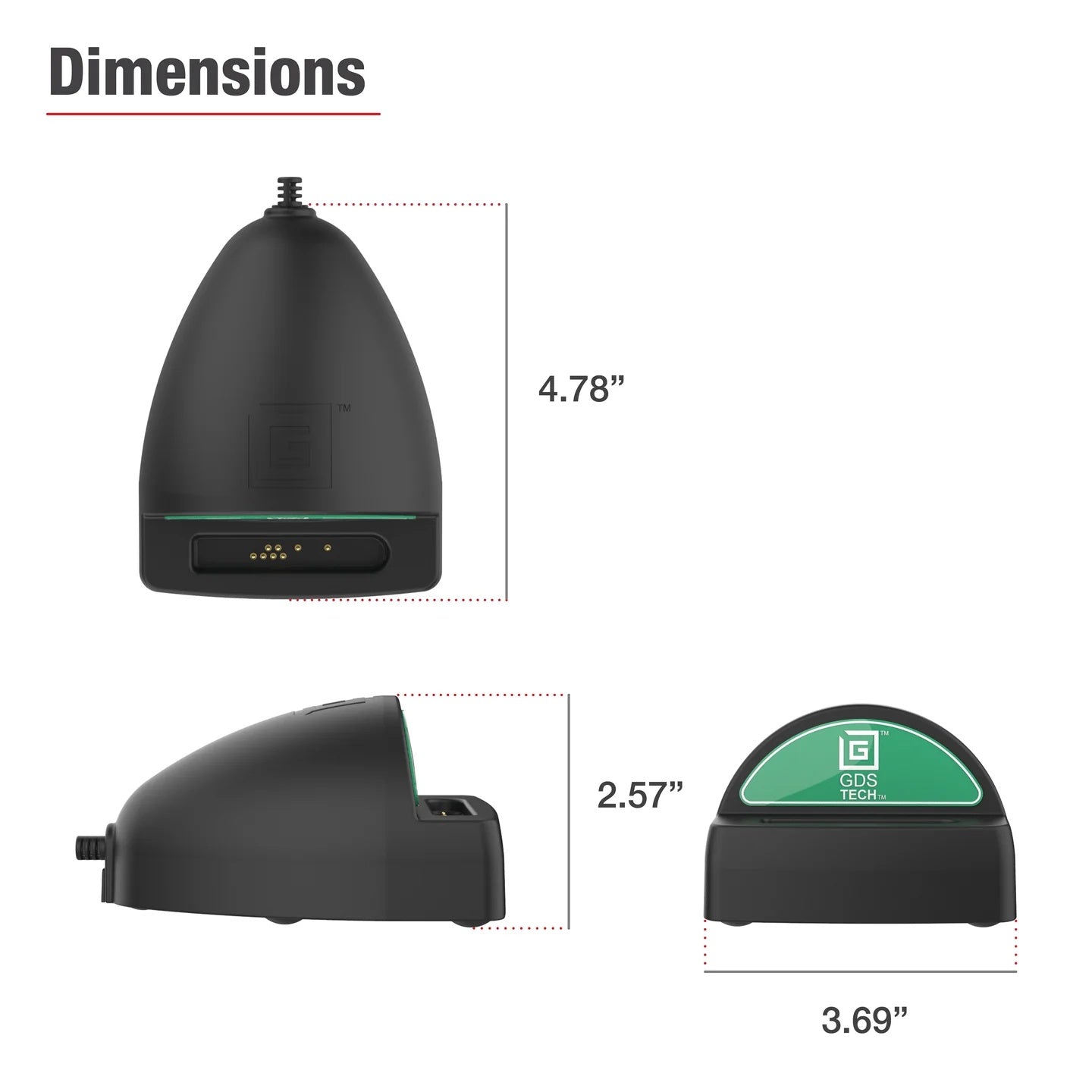 Dimensions of a black electronic device charging dock with GDS Tech branding on a white background