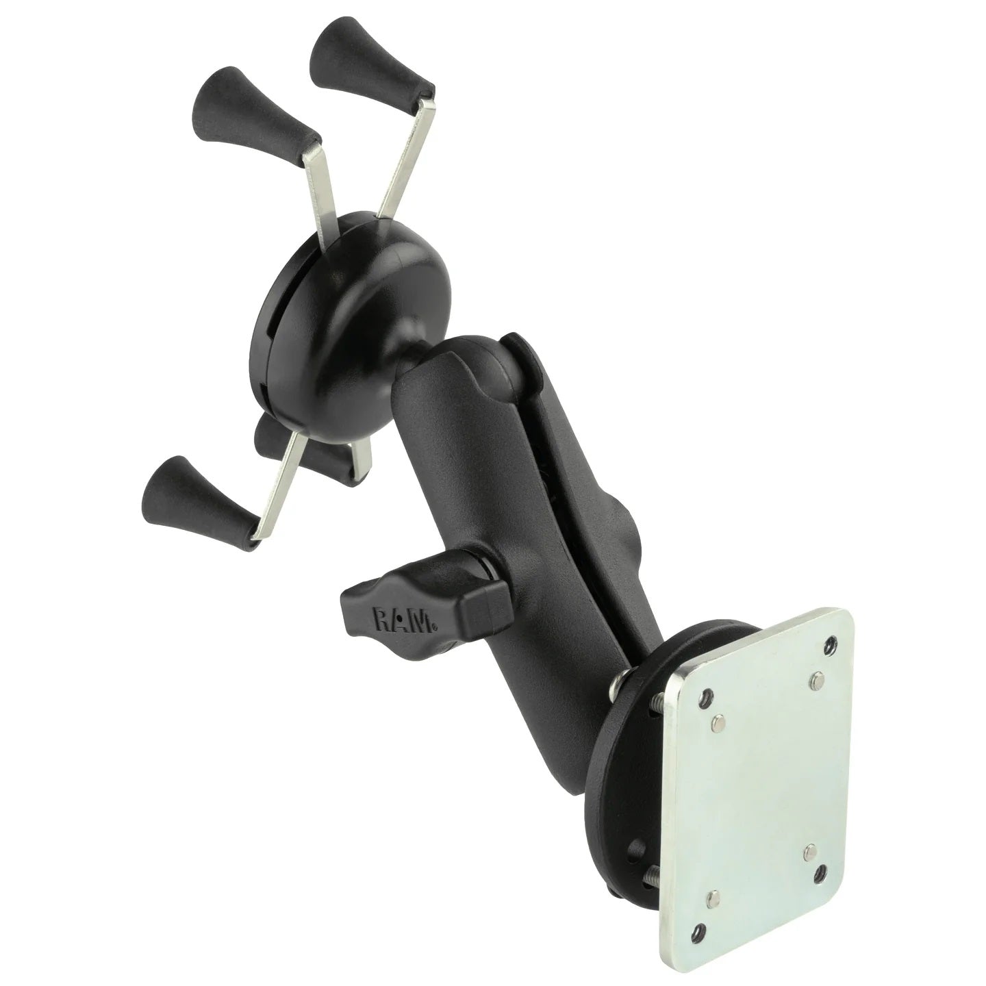Rear view of RAM phone mount with adjustable arm on a white background