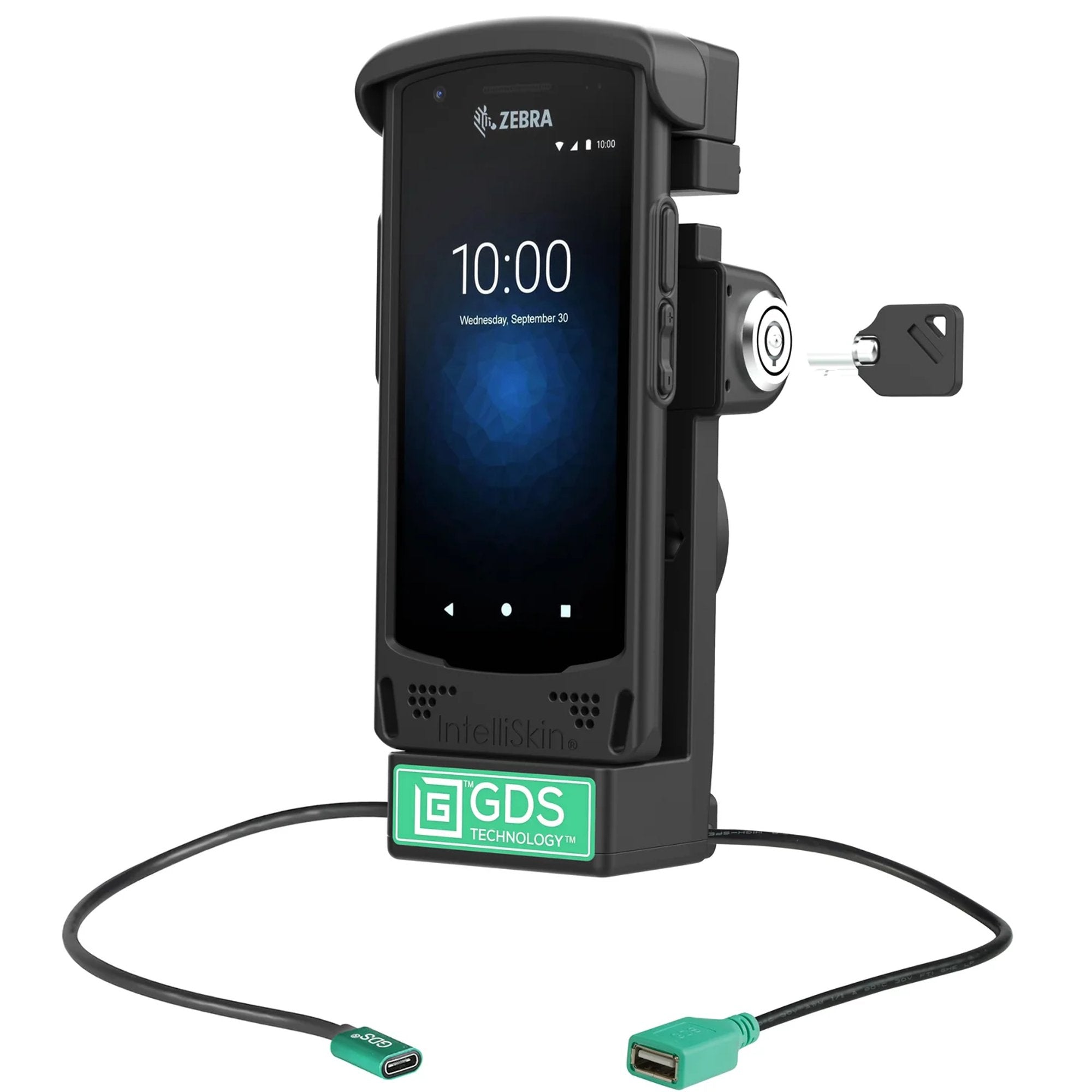 Locking powered vehicle dock for Zebra handheld computer with GDS Technology charging