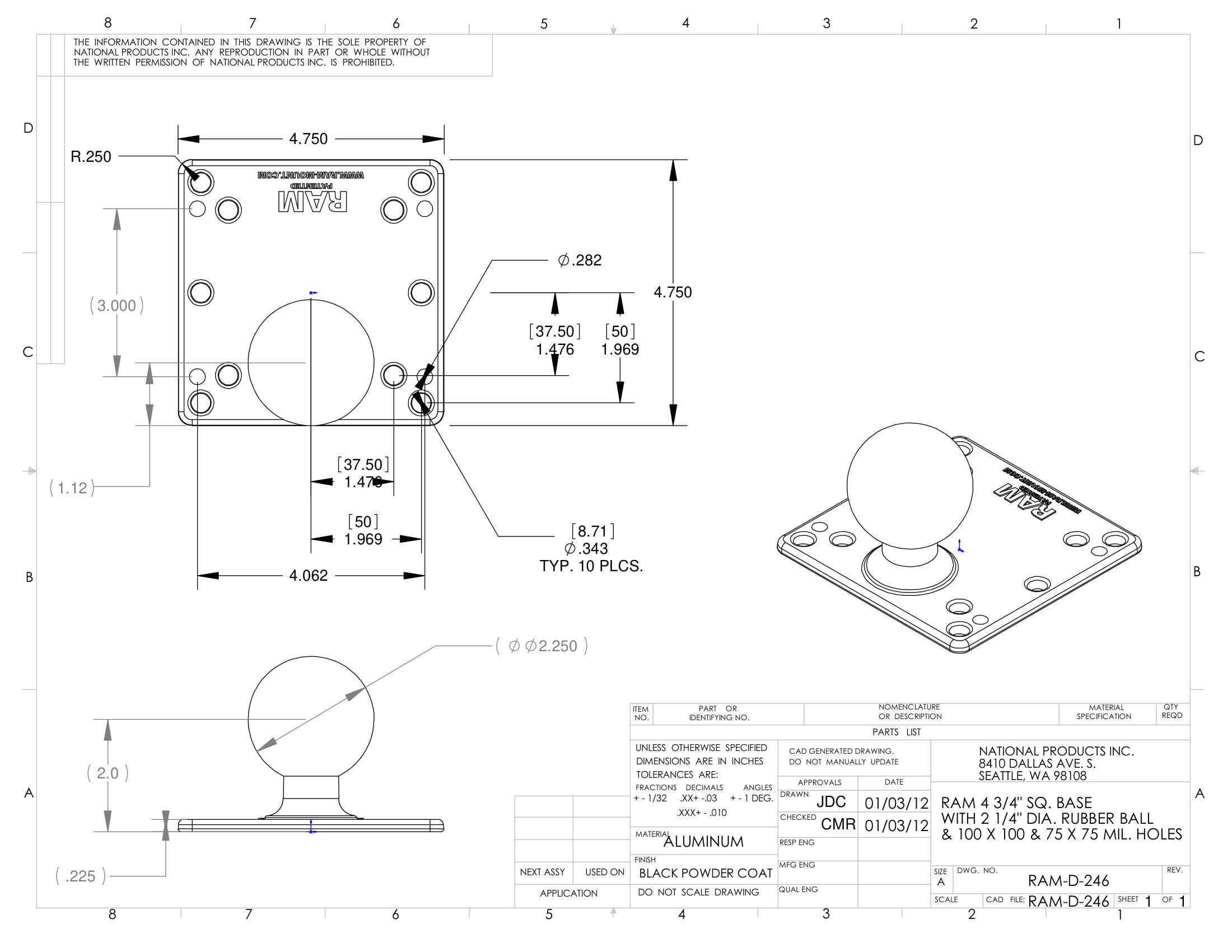 RAM® D Size 2.25" Ball VESA Plate with 75x75mm and 100x100mm Patterns | RAM-D-246U