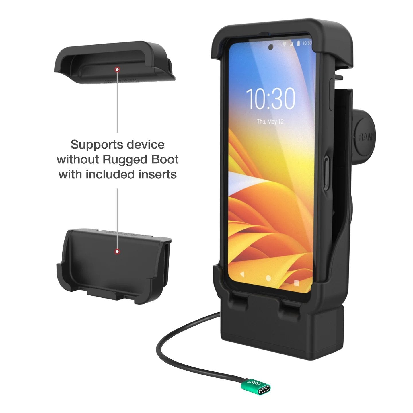 RAM powered vehicle dock with insert accessory configuration