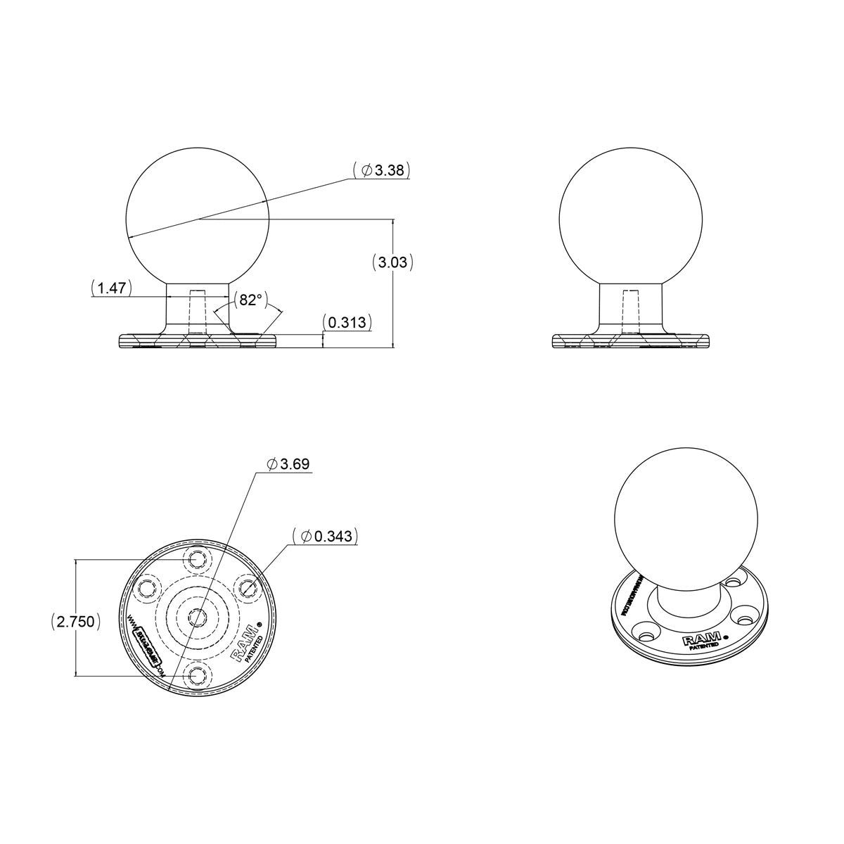 RAM Mount 3.68" Diameter Round Base with 3.38" Rubber Ball