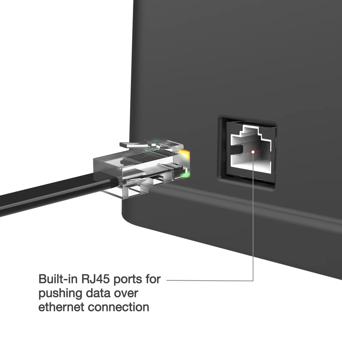 Close-up of built-in RJ45 ethernet port on multi-device charging dock