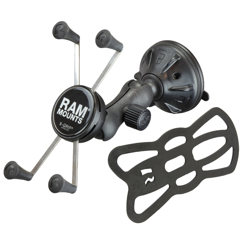 RAM Low Profile Suction Cup 1" Ball Mount and X-Grip and Tether for Large Phone / GPS