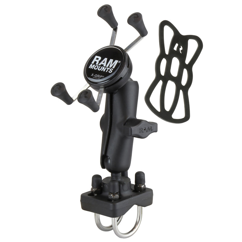 RAM Double U-bolt Rail Mount with X-Grip Phone Holder and Tether