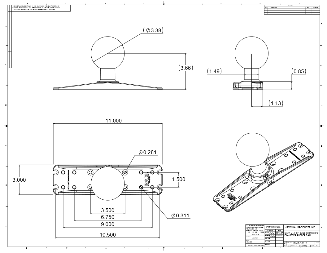 RAM Mount 3" x 11" Marine Electronics Base Plate with 3.38" Ball