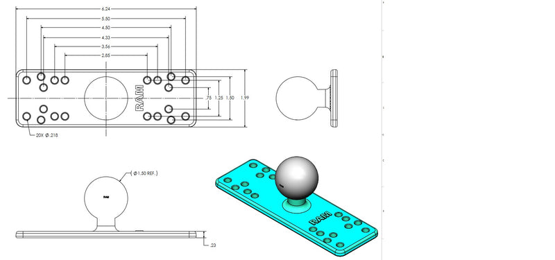 RAM 1.5" Ball Mount with 6.25" x 2" Rectangular Plate for Marine Electronics
