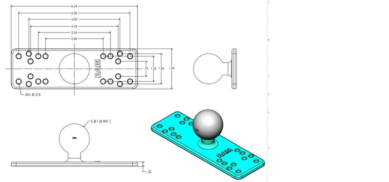 RAM Mount 6.25" x 2" Universal Marine Electronics Base Plate with 1.5" Ball