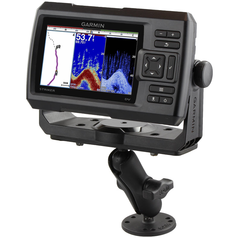 Garmin fishfinder with screen displaying sonar data on a white background
