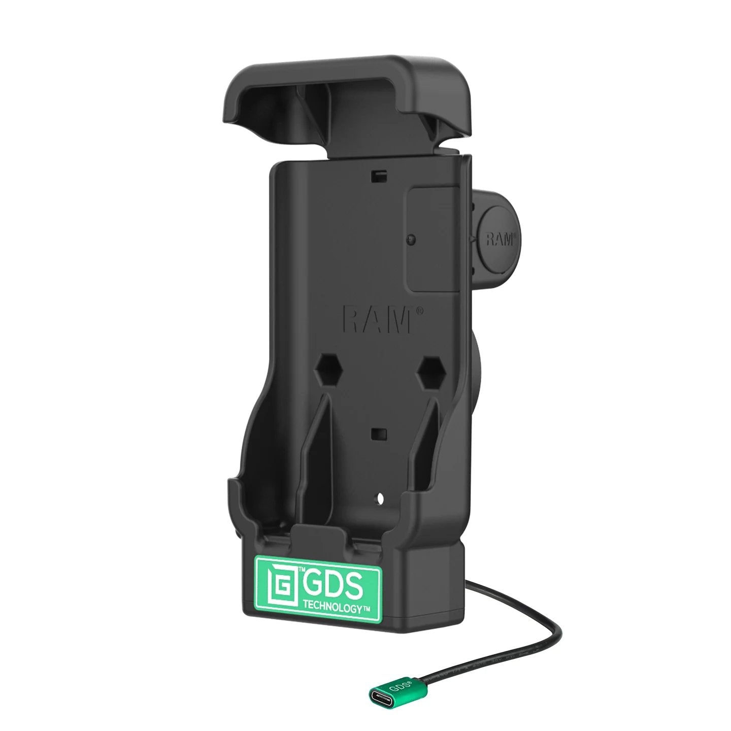 RAM GDS vehicle dock with IntelliSkin charging contacts and USB-C cable, front view