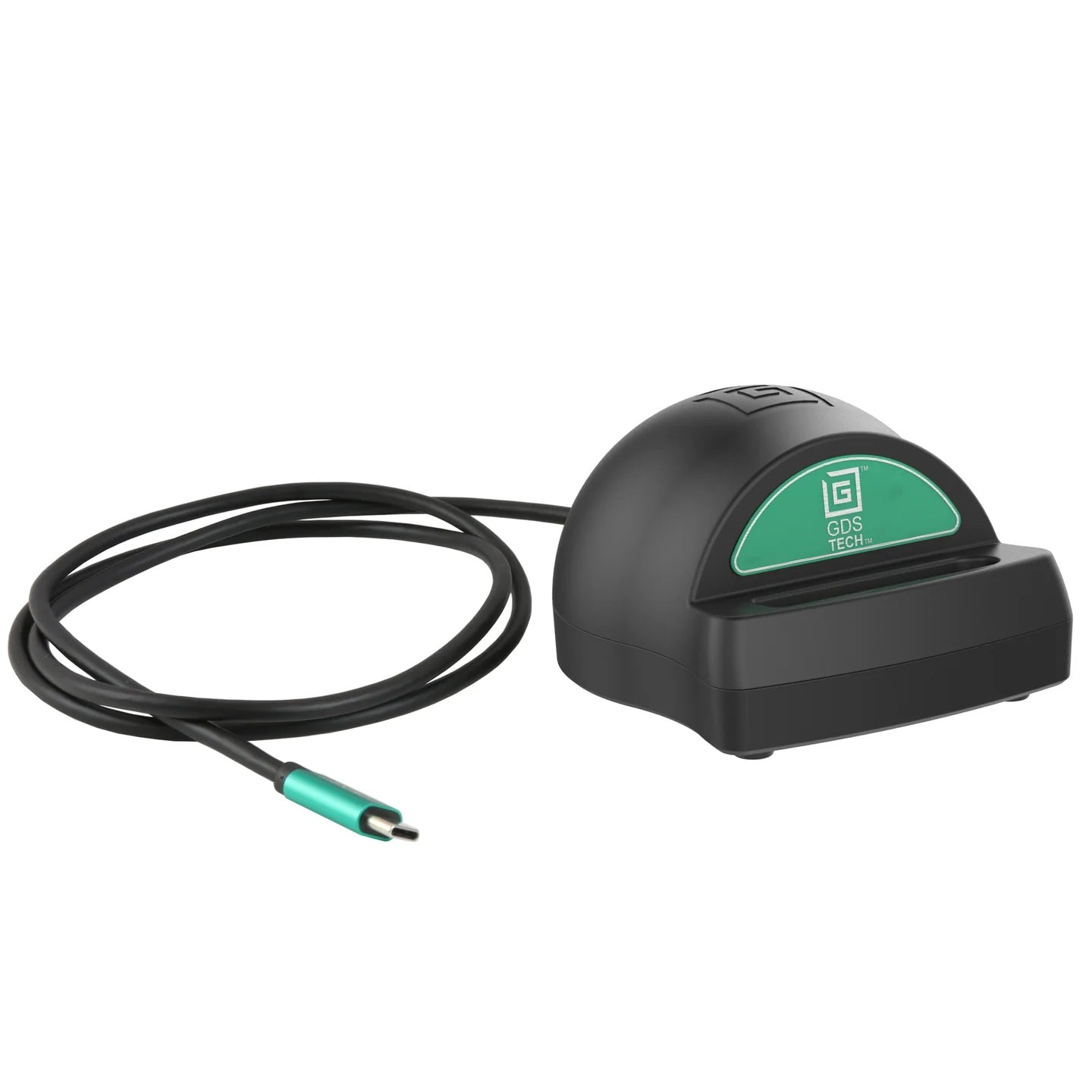 Black electronic device charger with green label on a white background