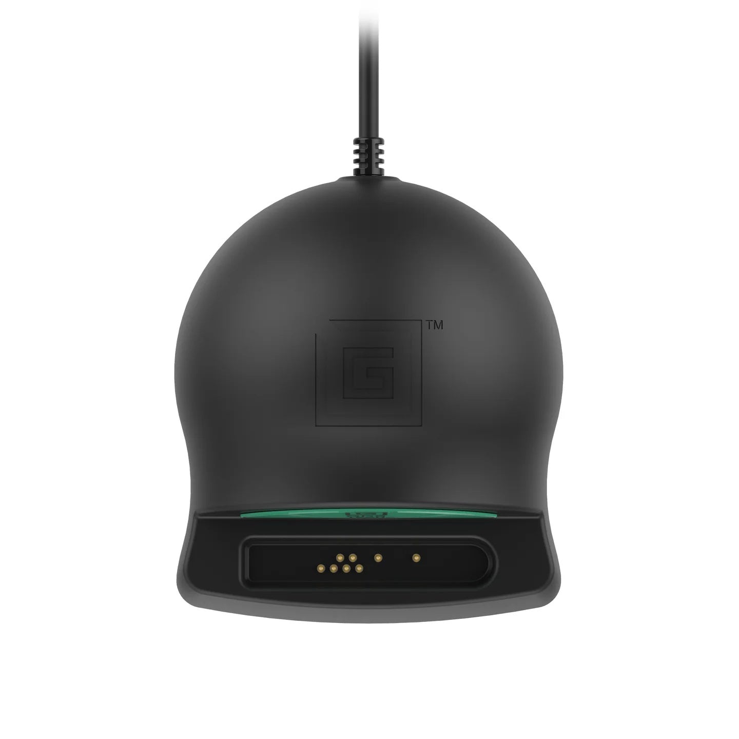 Top view of device charger with a cable on a white background