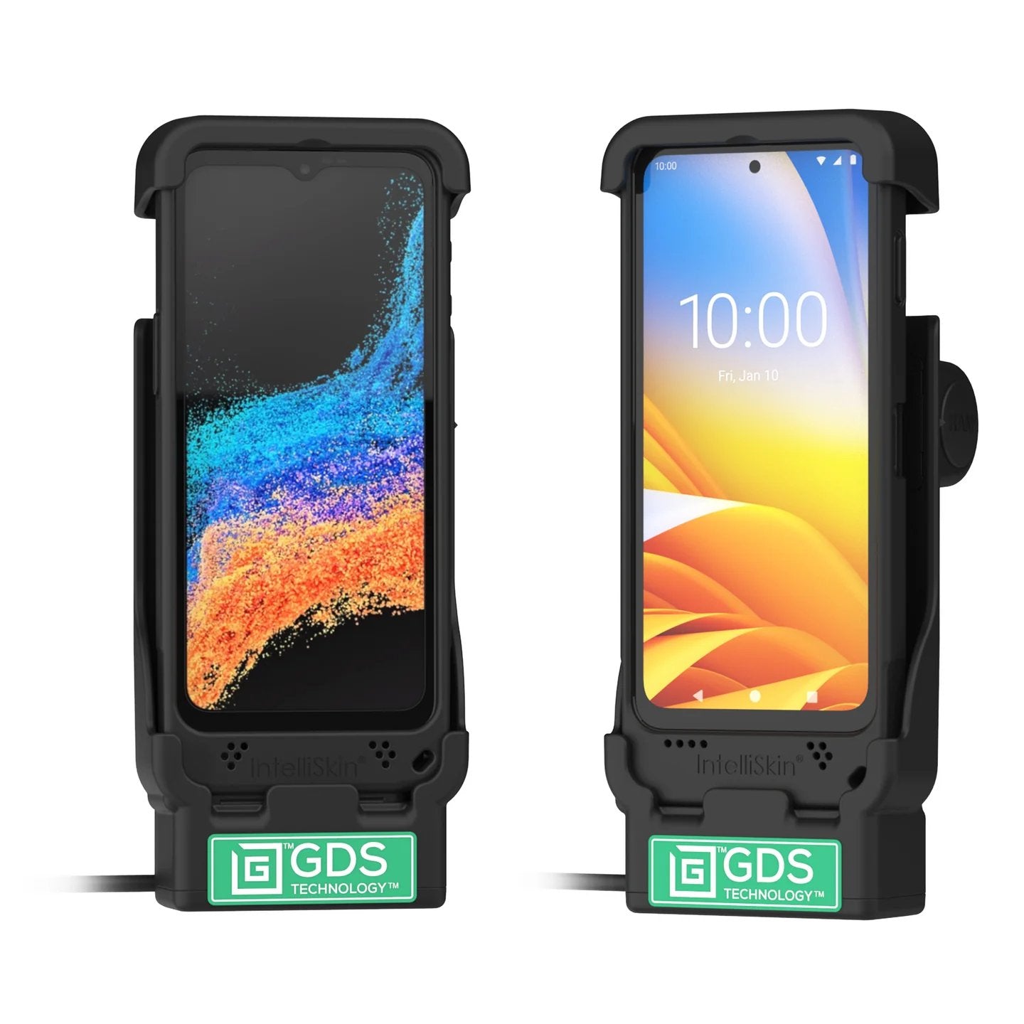 RAM GDS IntelliSkin charging dock holding rugged Zebra EM45, front display view