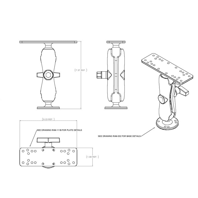 RAM 1.5" Ball Mount with 6.25" x 2" Rectangular Plate for Marine Electronics