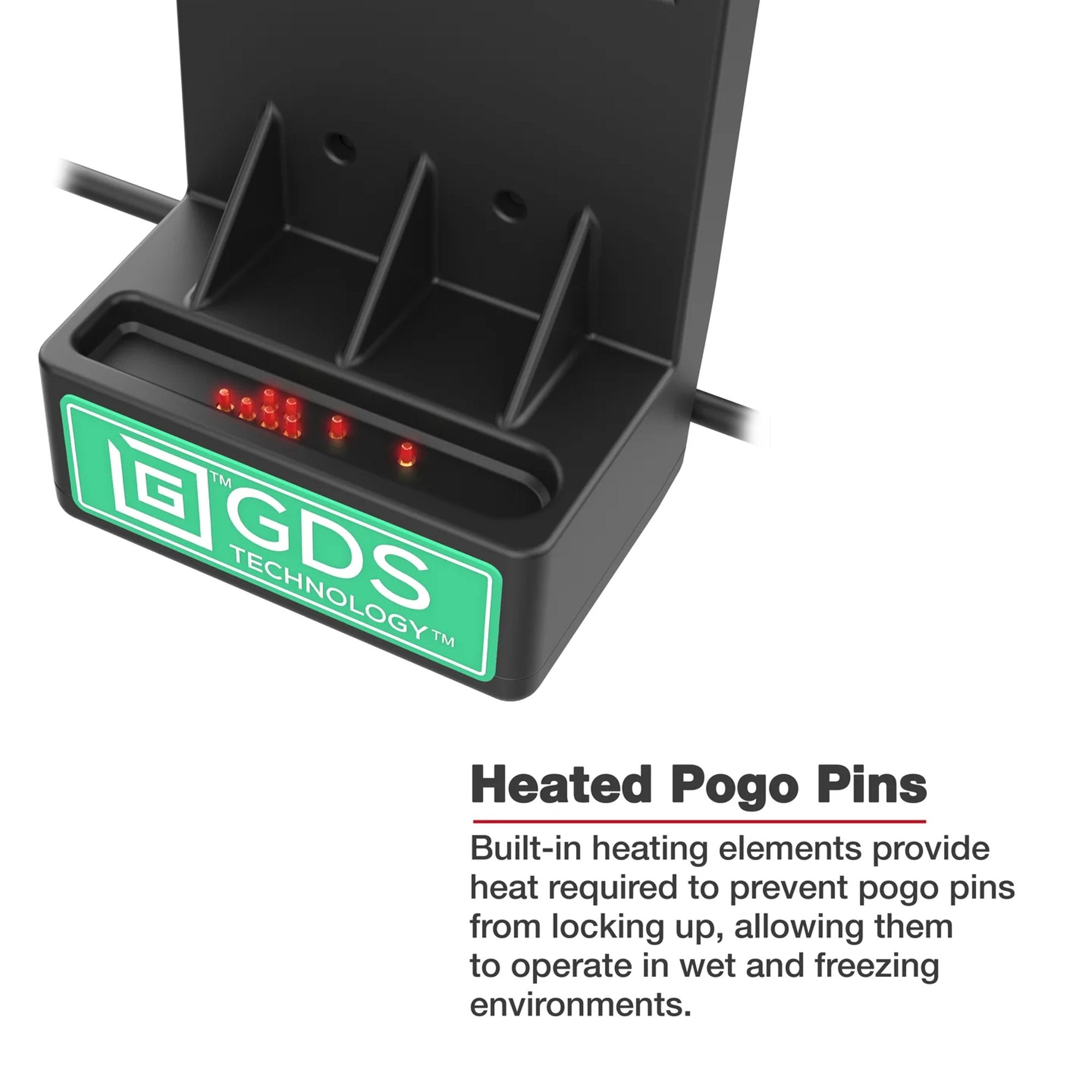 Close-up of heated pogo pin charging contacts on GDS Technology dock