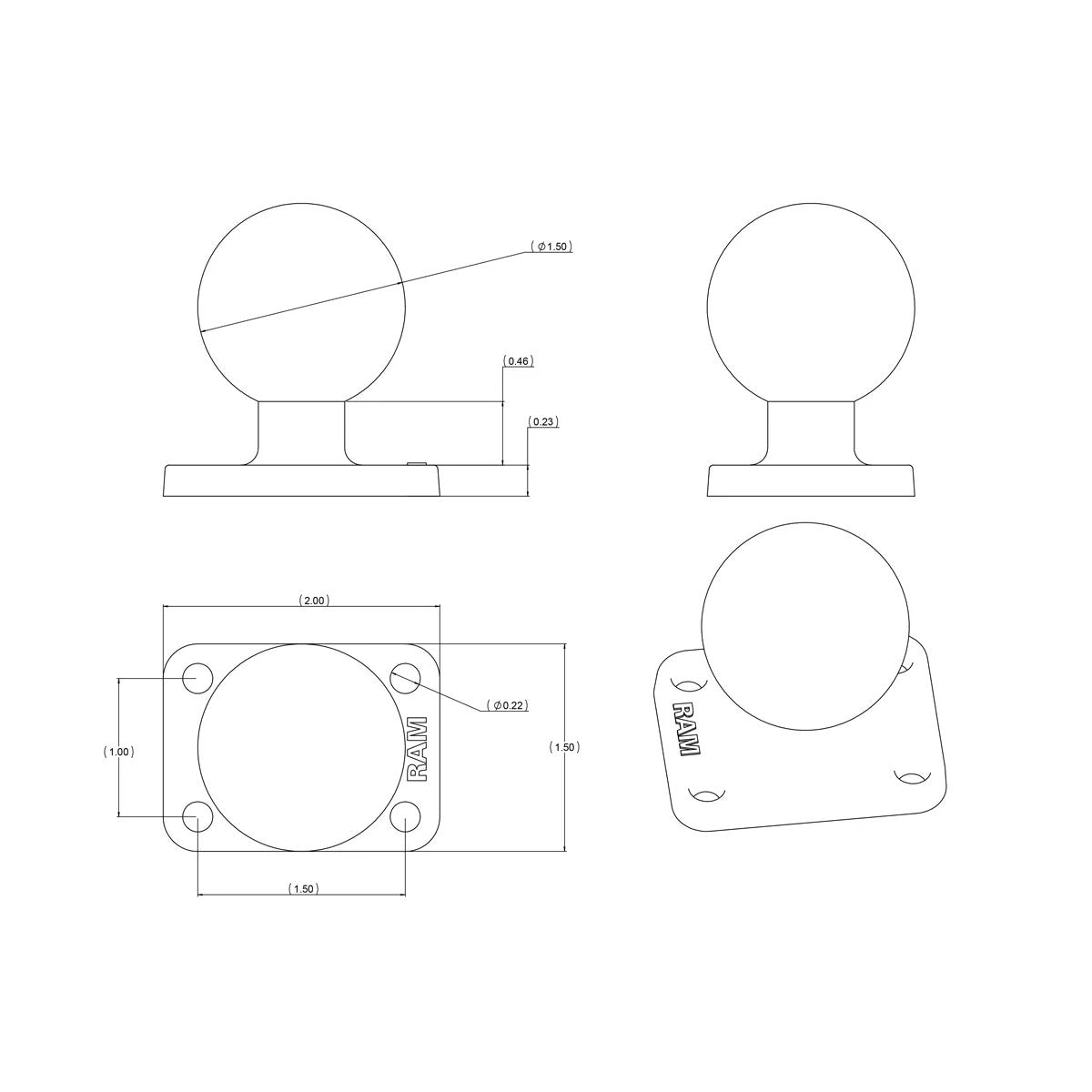 RAM® Rectangular Ball Base with 1" x 1.5" Hole Pattern and C Size 1.5" Ball | RAM-202U-152