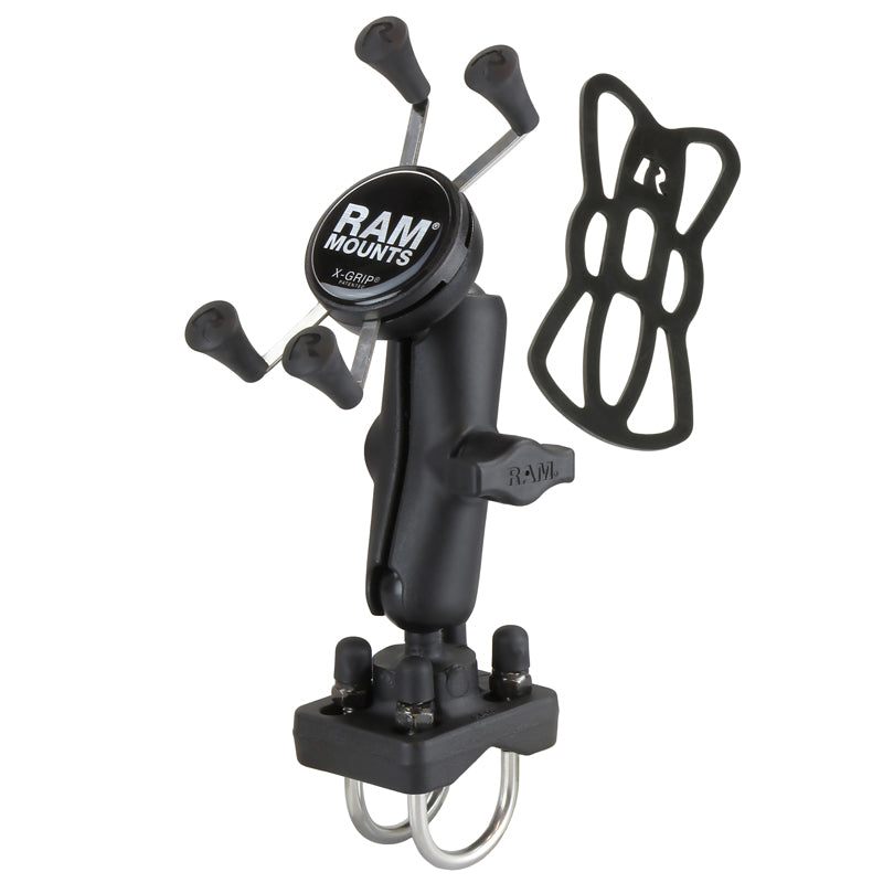 Rugged RAM® X-Grip® Phone Mount with Double U-Bolt Base & 1" Ball for Motorcycles, UTVs & Work Vehicles