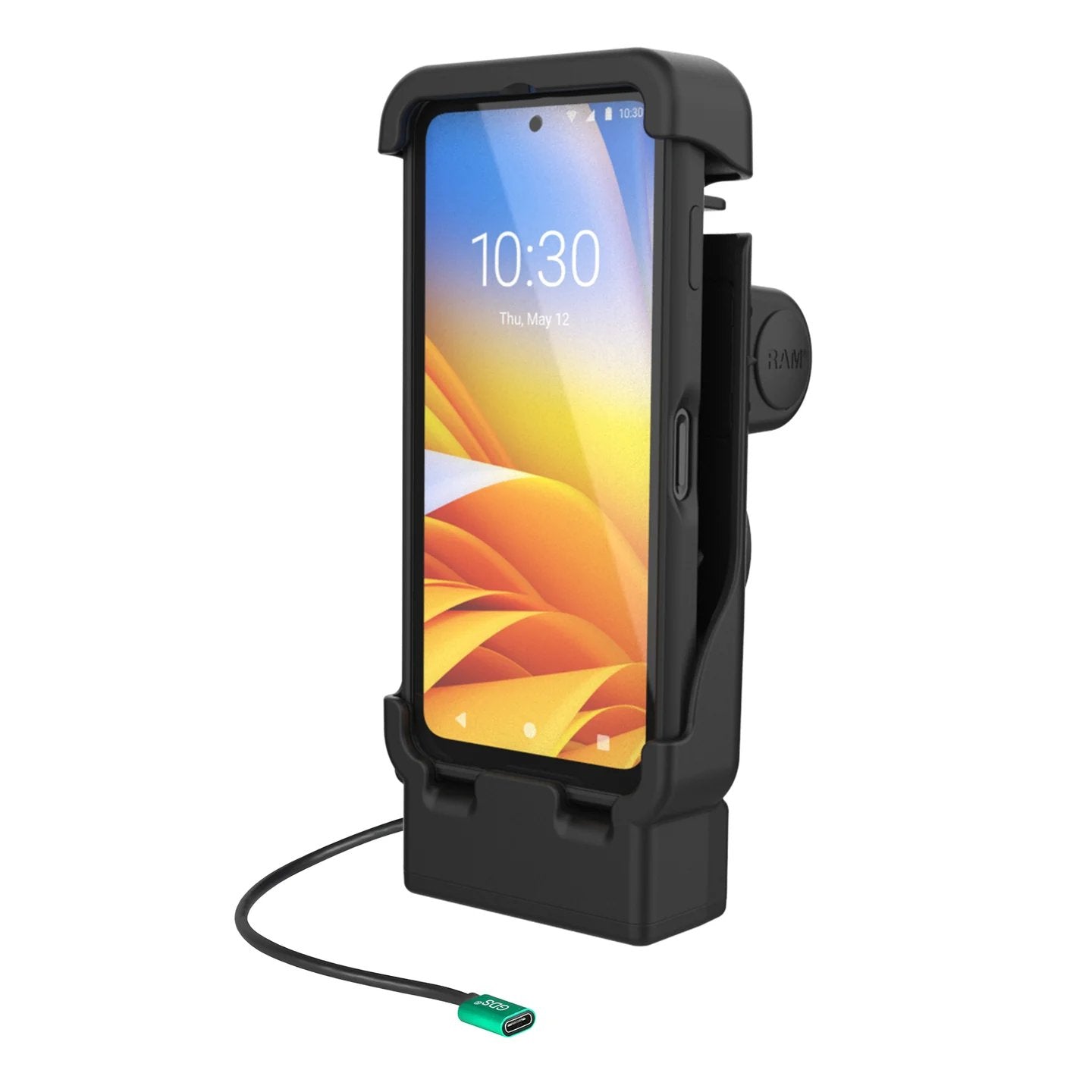 RAM vehicle dock cradle with USB-C charging cable front view